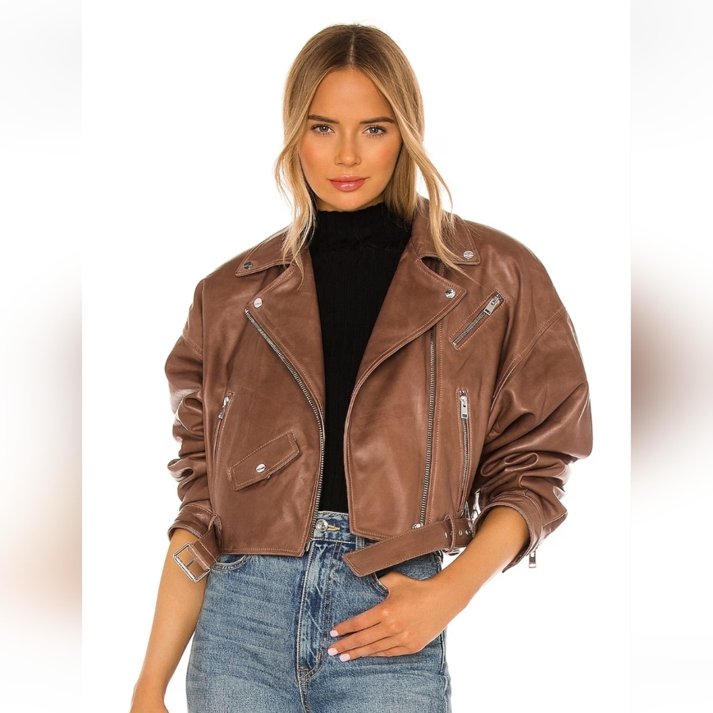 Lamarque Dylan Leather Jacket in Tan Brown Small 80's Biker NWT